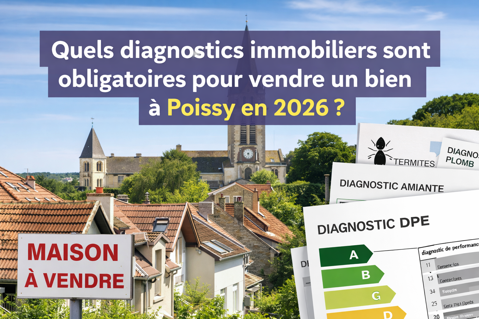 Illustration d’un article sur les diagnostics immobiliers obligatoires à Poissy en 2026, avec maisons, panneau “Maison à vendre” et documents de diagnostic comme le DPE, l’amiante, le plomb et les termites.
