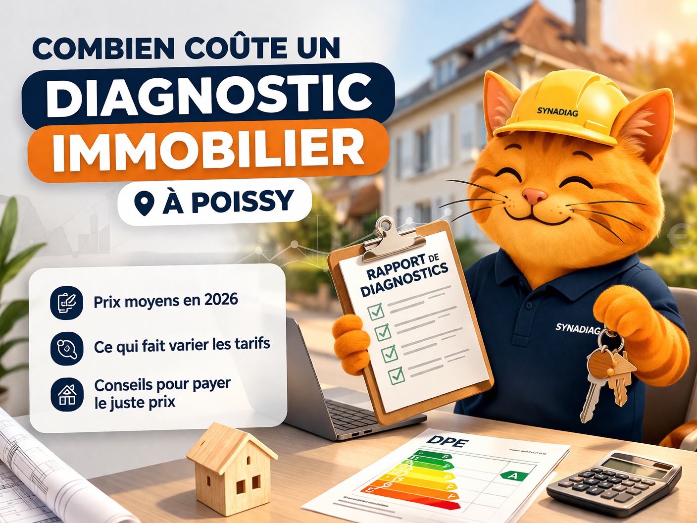 Illustration du prix d’un diagnostic immobilier à Poissy avec la mascotte SYNADIAG, checklist des diagnostics obligatoires et visuel DPE.