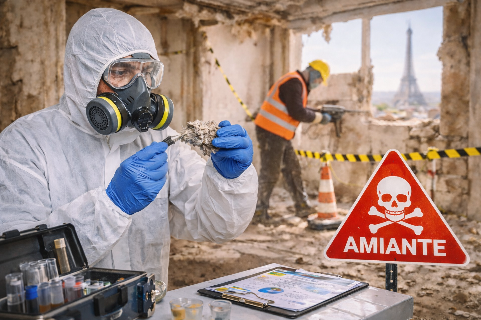 Inspecteur réalisant un repérage amiante avant travaux dans un bâtiment en rénovation en Île-de-France