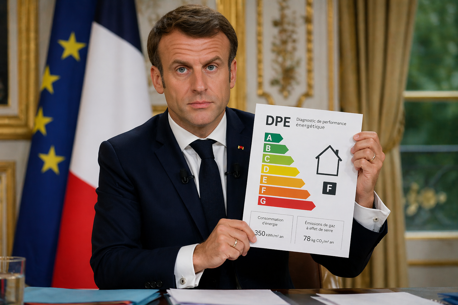 Emmanuel Macron tenant un DPE dans un décor institutionnel, illustration du DPE comme outil politique, de souveraineté énergétique et d’électrification des logements en France.