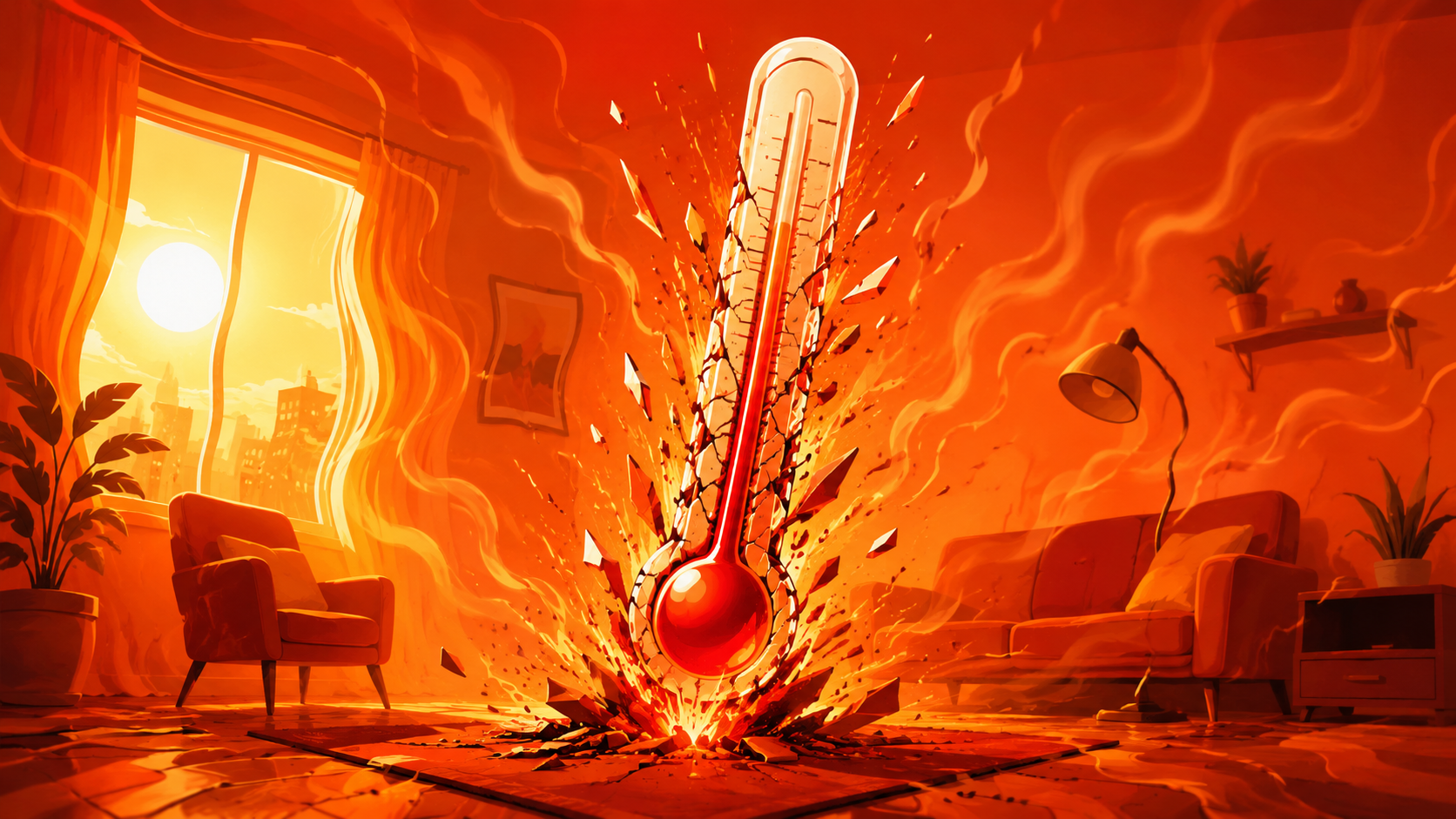 Thermomètre qui explose dans un salon surchauffé, symbole d’une maison trop chaude en été sans climatisation.