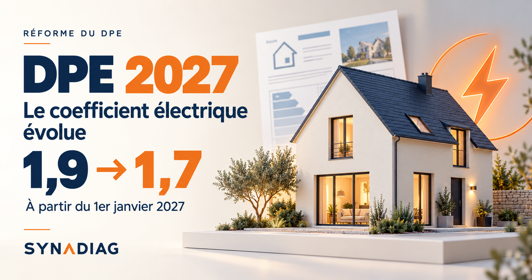 Illustration d’une maison et du coefficient électrique du DPE passant de 1,9 en 2026 à 1,7 en 2027.